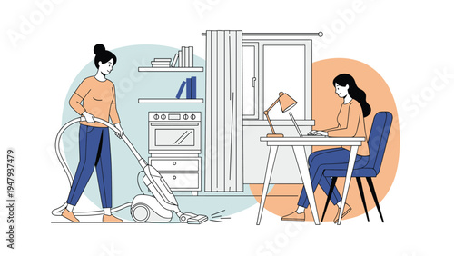 Woman using a vacuum cleaner to tidy the room while her roommate or partner works diligently on a laptop at a desk nearby.