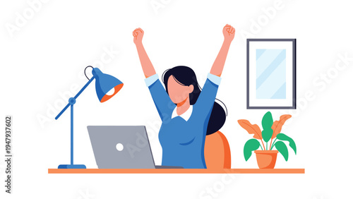 Excited woman raising her fists in celebration while sitting at her office desk with a laptop and a green house plant.