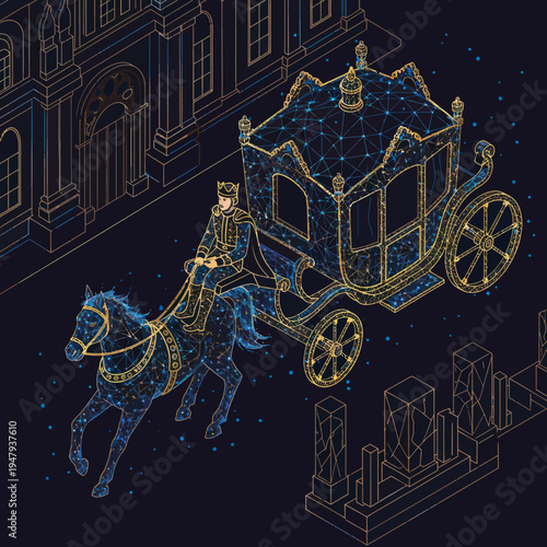 Illustration of Horse Drawn Carriage with Rider.