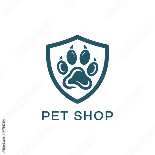Professional pet shop logo with animal paw print inside protective shield emblem design