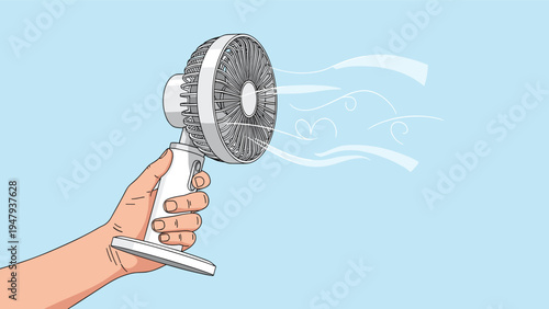 Human hand holding a white portable electric fan blowing cooling air against a clear blue background for summer heat relief.