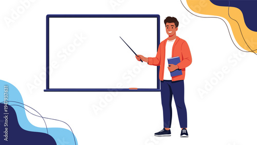 Smiling male teacher holding a blue book and pointing at a large blank whiteboard, ready for a classroom presentation.
