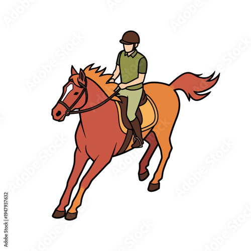 Woman Riding Brown Horse Cartoon Illustration.
