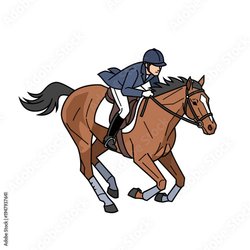 Rider on brown horse in motion.