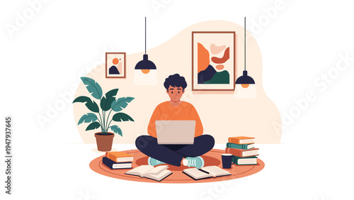 Young man sitting cross-legged on a rug using a laptop and surrounded by many books in a cozy and quiet home environment.