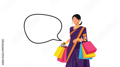 Indian woman wearing traditional purple saree holding colorful shopping bags and standing next to blank speech bubble.
