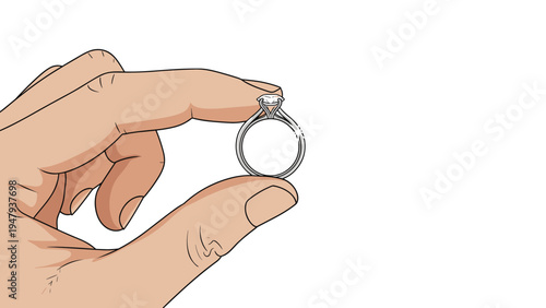 Human hand holding beautiful silver or platinum engagement ring with sparkling diamond gemstone against clean white background.