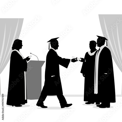 Graduates in caps and gowns shaking hands.