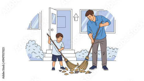 Happy father and young son working together to sweep autumn fallen leaves outside their house using traditional straw brooms.