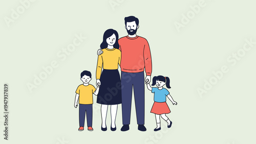 Portrait of happy family including father, mother, son, and daughter standing together and smiling over light green background.