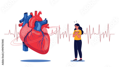 Medical illustration showing woman experiencing chest pain or heart attack symptoms next to large anatomical heart and EKG line.