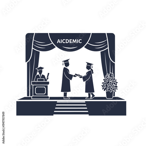 Graduates shaking hands on stage ceremony.