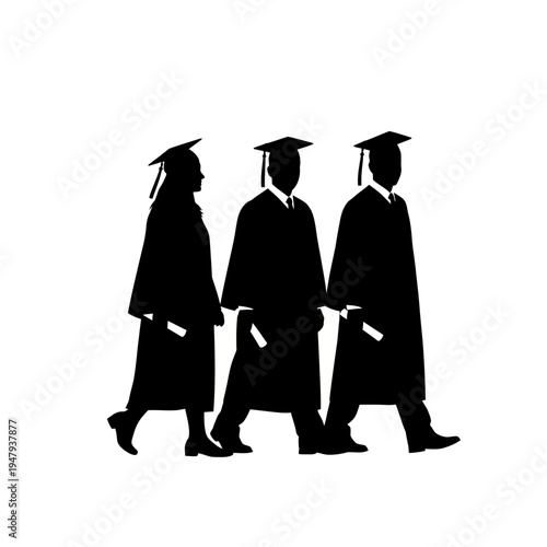 Graduates walking in gowns and caps.