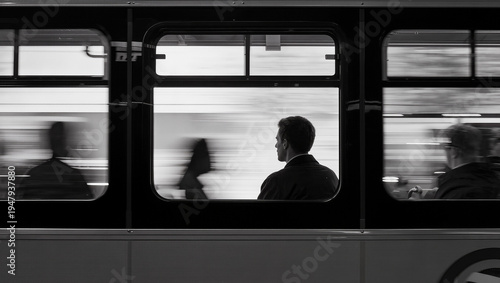 Man sitting on bus while city commuters pass by in black and white  