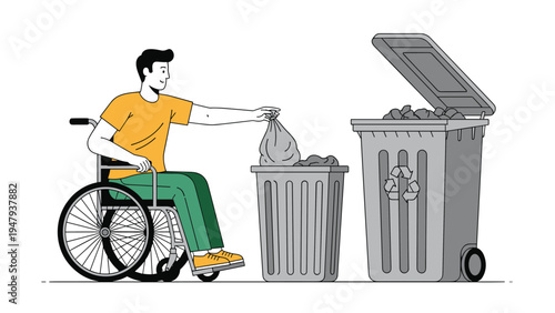 Responsible man sitting in wheelchair throwing garbage bag into large recycling bin to keep environment clean and organized.
