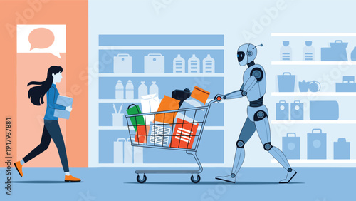 Advanced humanoid robot pushing full grocery shopping cart in supermarket aisle while woman walks by with a clipboard.