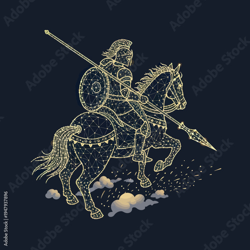Warrior Riding Horse with Spear and Shield.