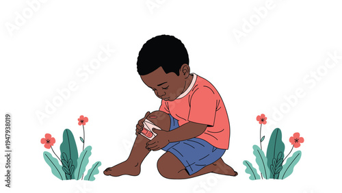 Little boy sitting among flowers and carefully applying adhesive bandage to small scrape or cut on his injured knee.