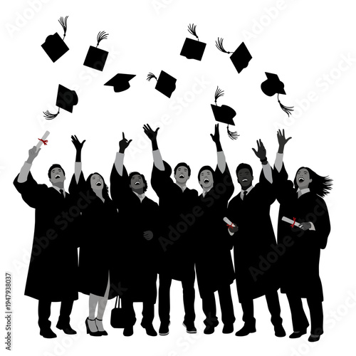 Group of graduates throwing caps up.