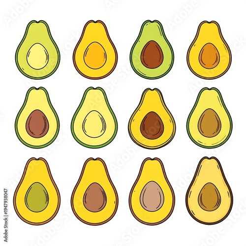 Colorful illustration of avocado halves, showing varying stages of ripeness and flesh colors. Twelve fruits arranged in a grid