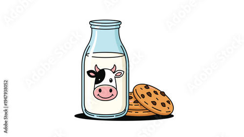 Classic snack illustration featuring glass bottle of fresh milk with cow face label next to stack of chocolate chip cookies.