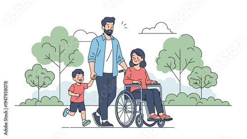 Happy family including father, young son, and mother in wheelchair enjoying walk in beautiful green city park together.