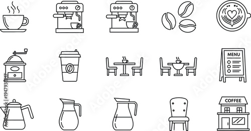 Collection of coffee related icons and appliances