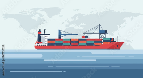 Container Ship Docked at Port with World Map Background, Global Shipping Logistics
