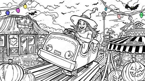 Halloween Witch Riding Rollercoaster Through a Spooky Theme Park at Night
