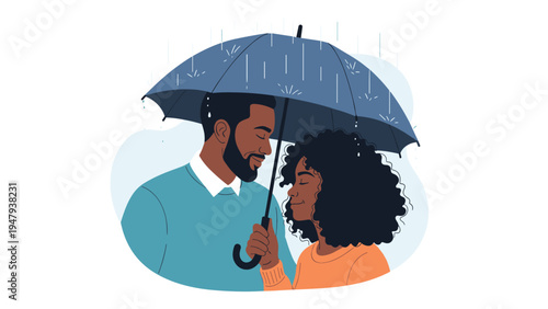 Romantic scene of african american couple sharing blue umbrella and looking at each other affectionately during rain.