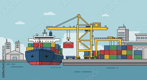 Container ship loading cargo at port with crane and stacks of containers