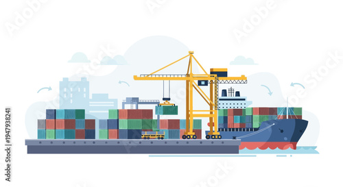 Container ship loading cargo at port with crane, logistics and global trade concept