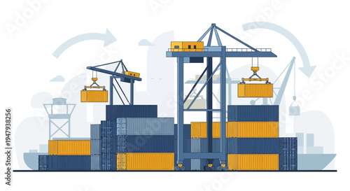 Container Ship Loading Cranes at Busy Port, Logistics and Global Trade