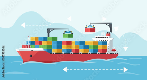 Container Ship Loading Cargo with Drones and Cranes in Ocean