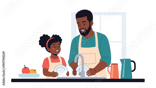 Happy father and daughter wearing aprons and working together to wash and dry dishes in kitchen sink with foam.