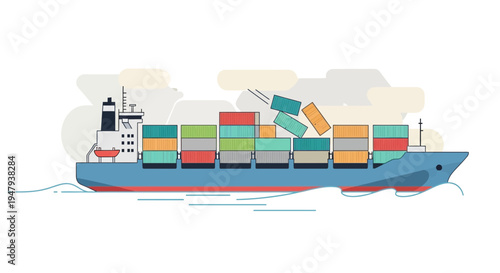 Container ship losing cargo at sea, illustration of shipping disaster and logistics problems