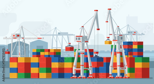 Container Ship Port with Cranes and Cargo Stacks, Global Logistics and Shipping Industry