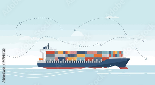 Container Ship Sailing on Ocean with Birds Flying in Sky, Global Shipping and Logistics