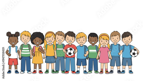 Large group of multiethnic children standing together in row wearing backpacks and holding soccer balls for school.