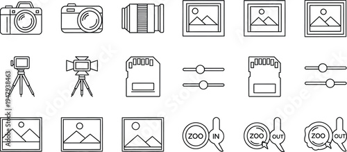 Collection of photography and editing icons in line art style