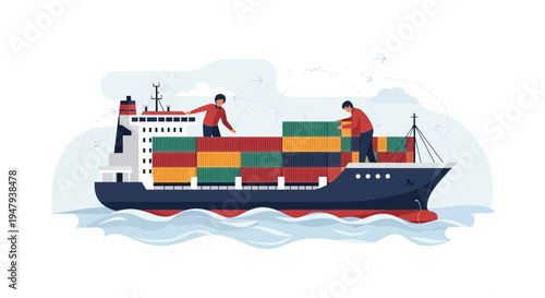 Container Ship with Workers Loading Cargo on the Sea