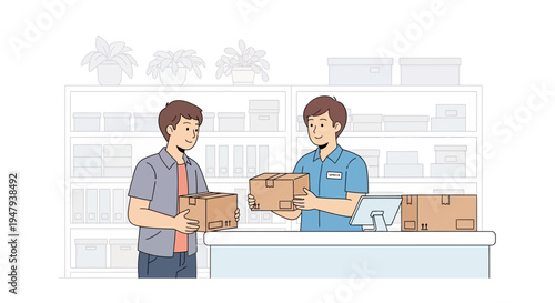 Customer hands package to postal worker at counter in a store with shelves of boxes