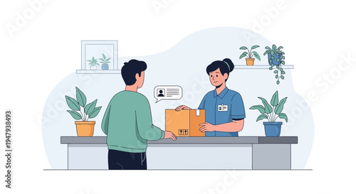 Customer handing package to postal worker at counter, delivery service, shipping, logistics