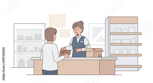 Customer receiving package from cashier at store counter, retail service, delivery.