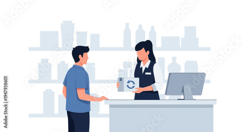 Customer receives package at checkout counter from store employee, retail service illustration