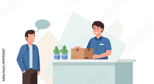 Customer receiving package from delivery man at counter, business transaction, communication