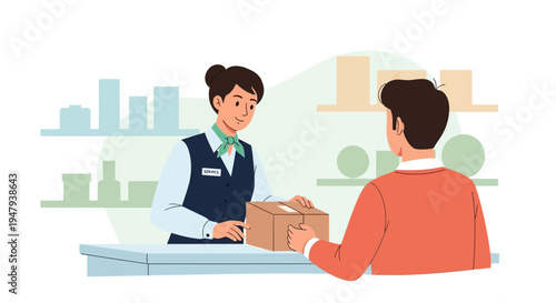 Customer receiving package from postal worker at counter in store, delivery service