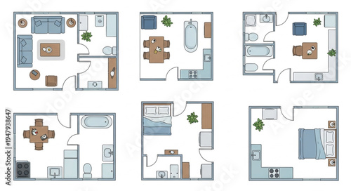 Collection of Six Unique Apartment Floor Plan Designs.