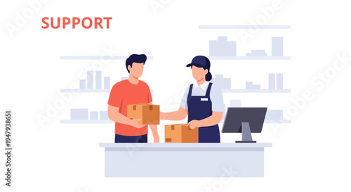 Customer receiving package from store employee, support and delivery concept