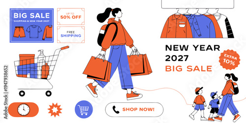 New Year 2027 Big Sale Banner – Festive Shopping Design with Up to 50% Off Clothing, Accessories, Beauty Products, and Gifts for Seasonal Retail Promotions